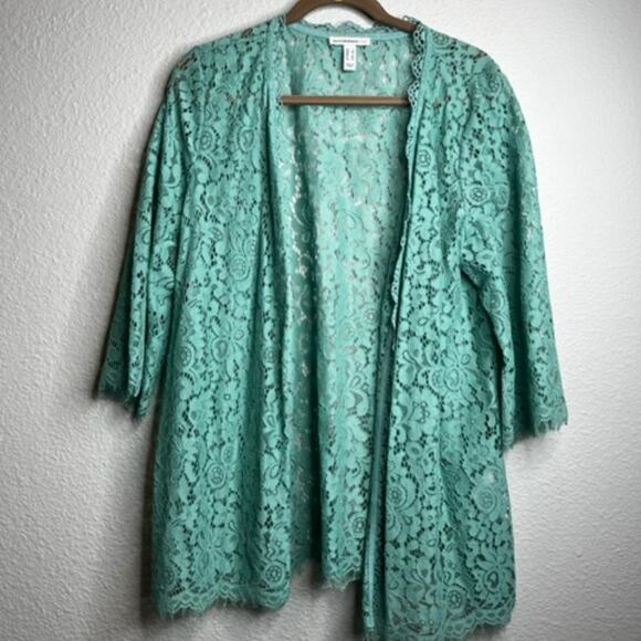 Isaac Mizrahi Live! Open Front 3/4 Sleeve Jasmine Green Tea Lace Kimono Sz L - Picture 1 of 8